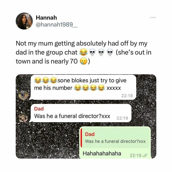 Group chat screenshot where dad roasts mom about her age.