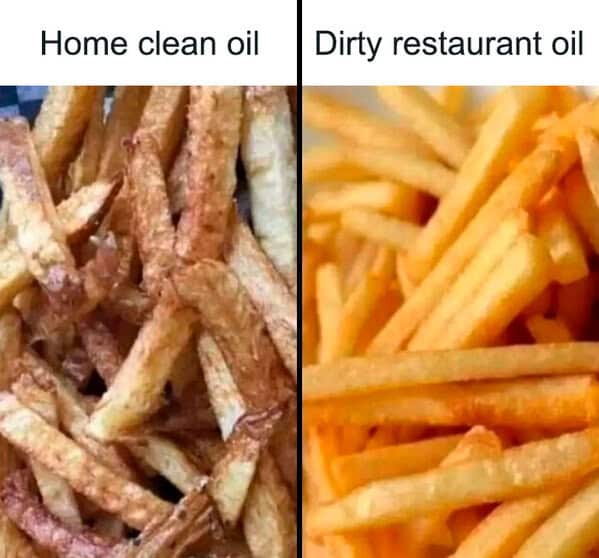 Left: dark homemade fries; Right: golden restaurant fries.