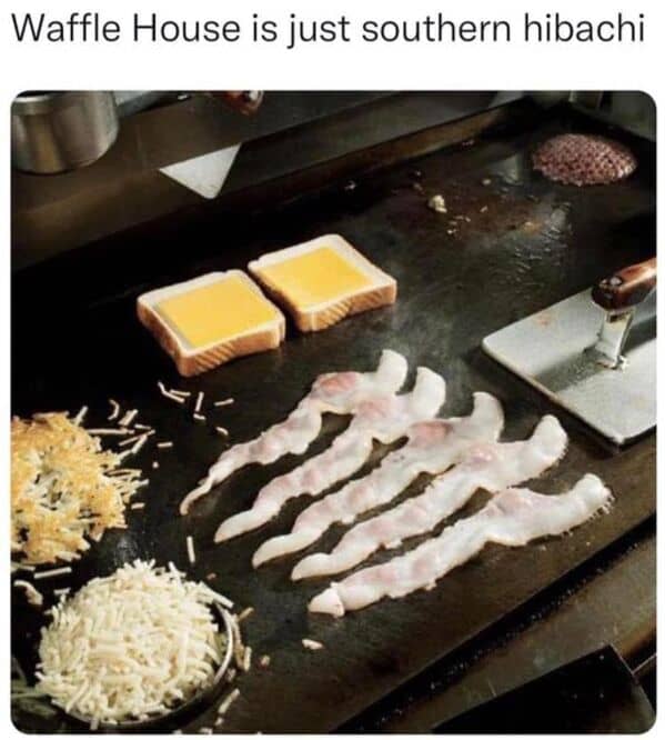 Bacon, toast, and hash browns cooking on a flat-top grill at Waffle House.