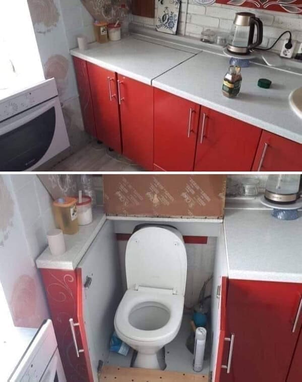A kitchen cabinet opens to reveal a hidden toilet installed beneath the countertop