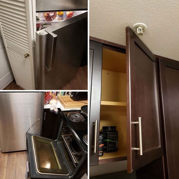A collage of awkward kitchen layouts including blocked fridge doors and misaligned cabinets