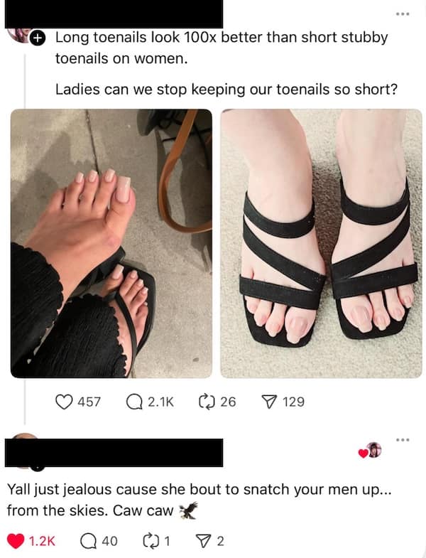 Funny insults meme debating long vs short toenails with a savage roast about snatching men