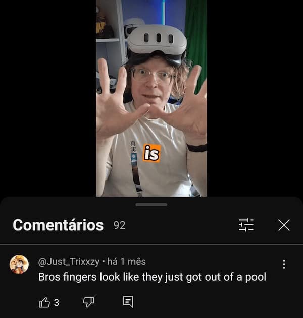 Funny insults meme showing a guy with a VR headset and a roast about wrinkly pool fingers