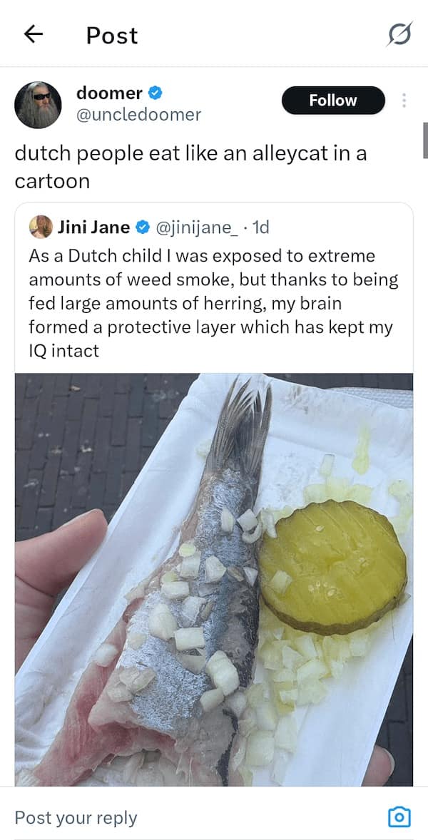 Funny insults meme about Dutch people eating herring like an alleycat in cartoons