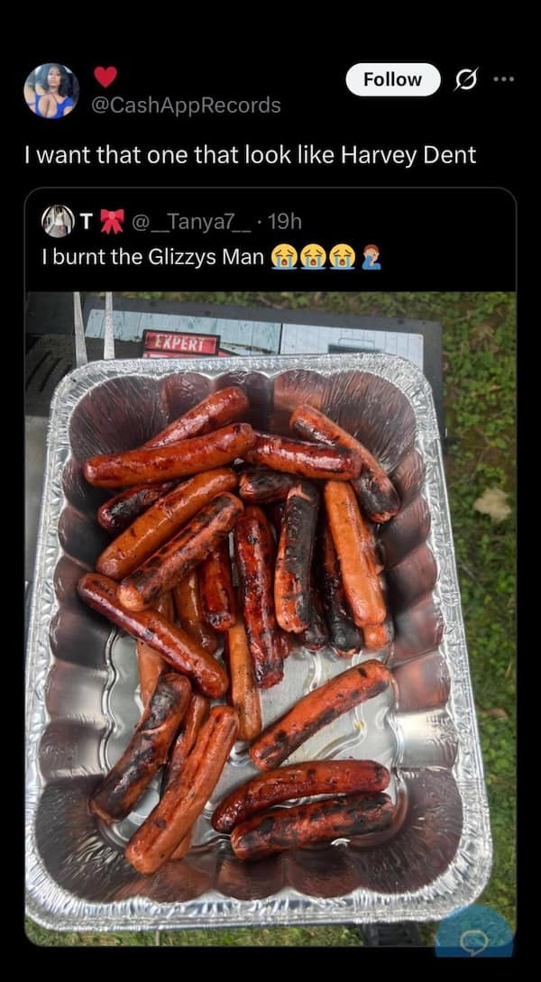 Funny insults meme comparing burnt hot dogs to Harvey Dent from Batman