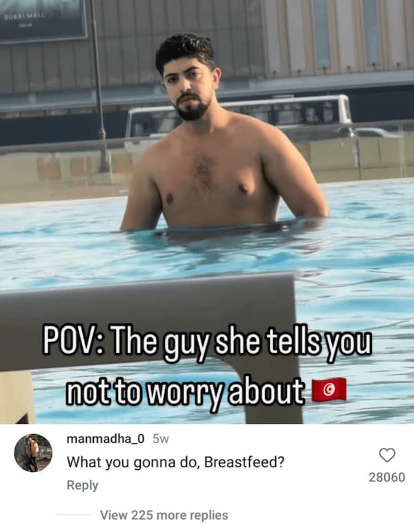 Funny insults meme of a shirtless man in a pool with a roast about breastfeeding
