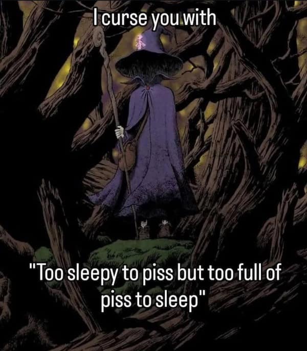 curse you with "Too sleepy to piss but too full of piss to sleep"