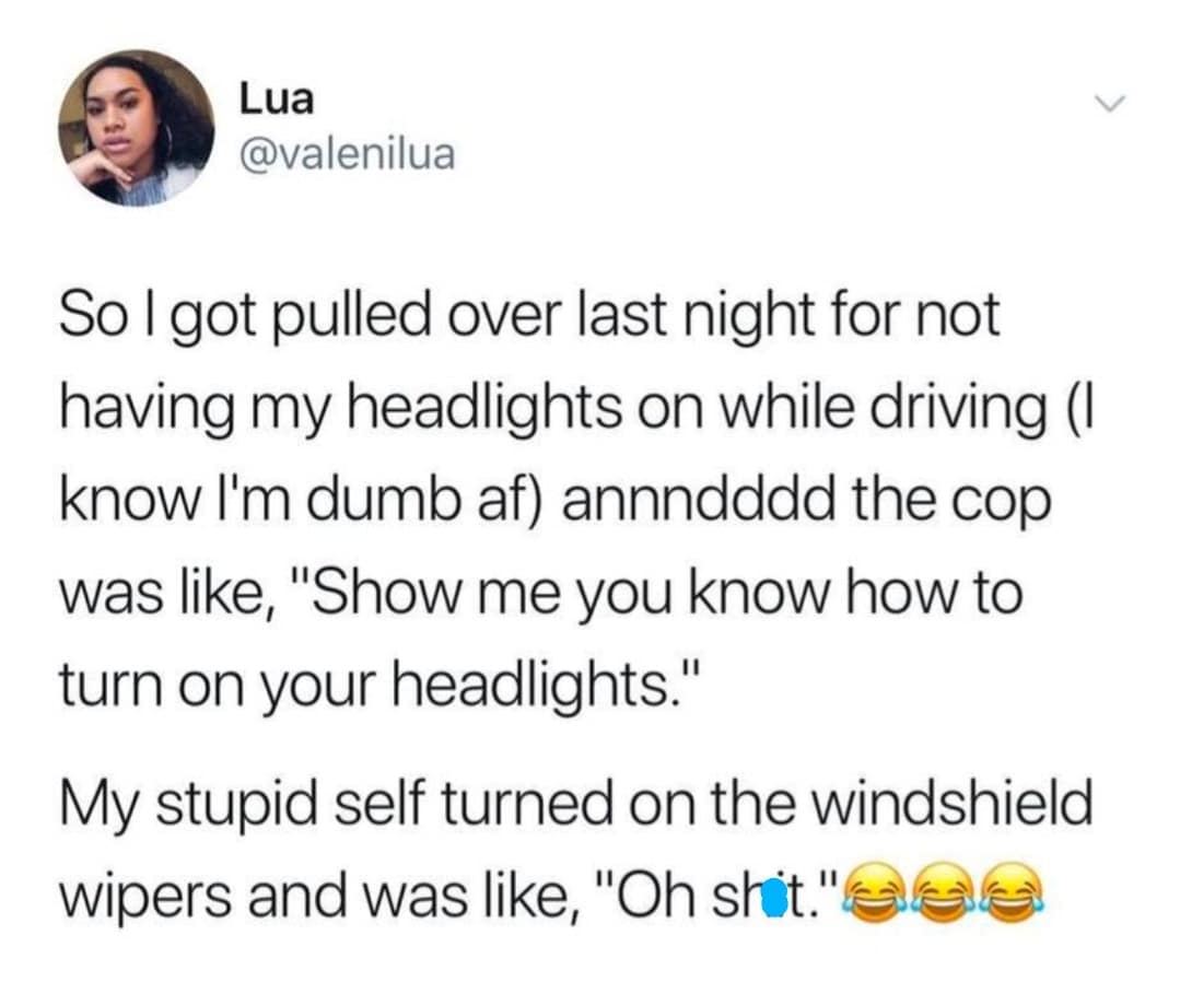 So I got pulled over last night for not having my headlights on while driving (I know I'm dumb af) annndddd the cop was like, "Show me you know how to turn on your headlights." My stupid self turned on the windshield wipers and was like,