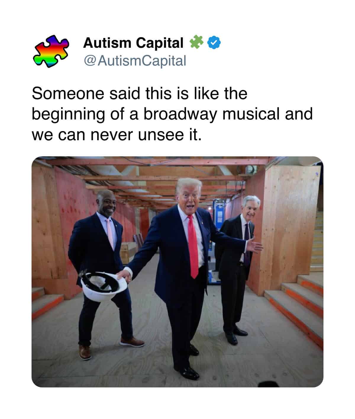 Donald Trump and men walking like Broadway musical intro