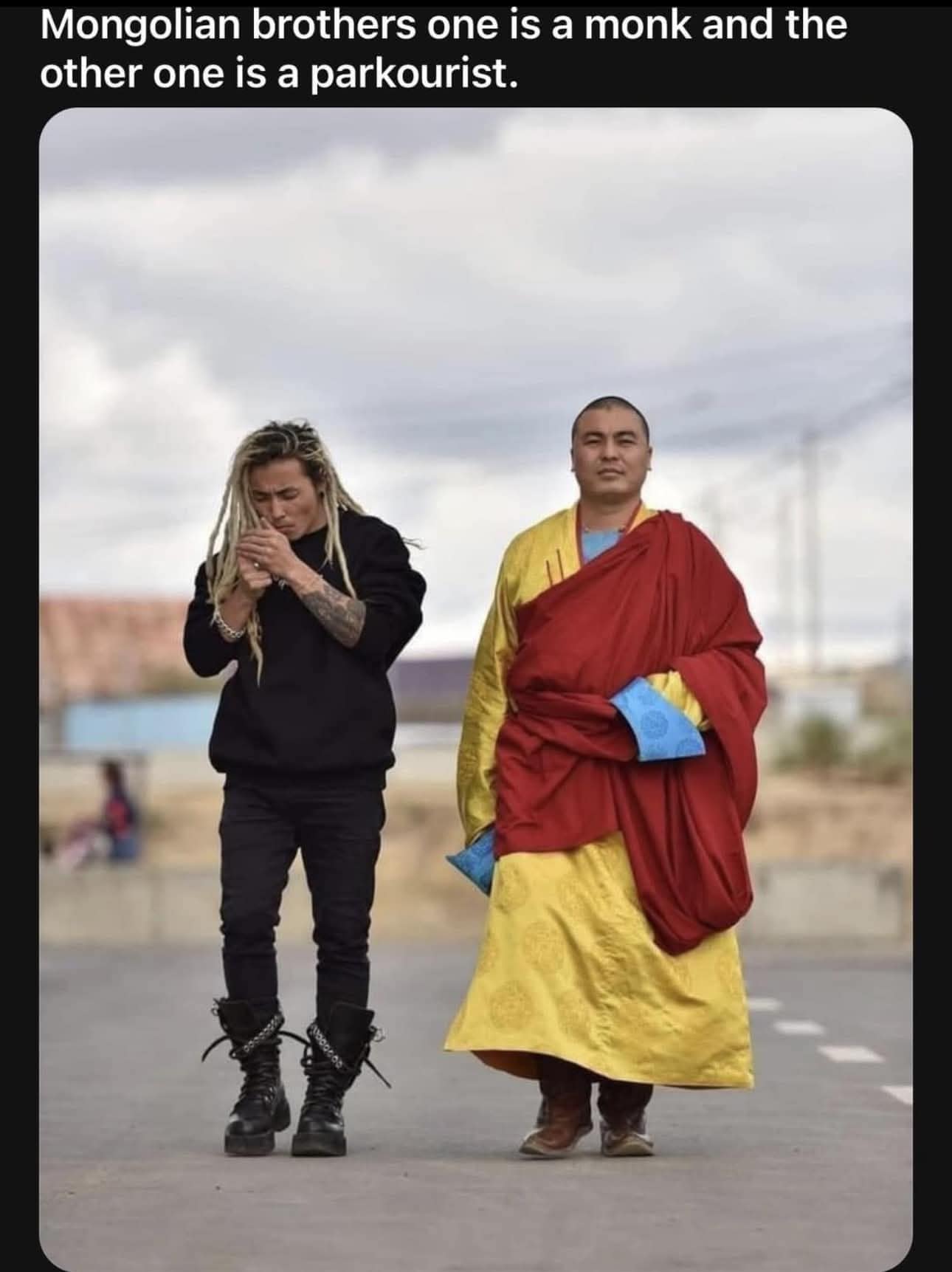 Mongolian brothers one is a monk and the other one is a parkourist.