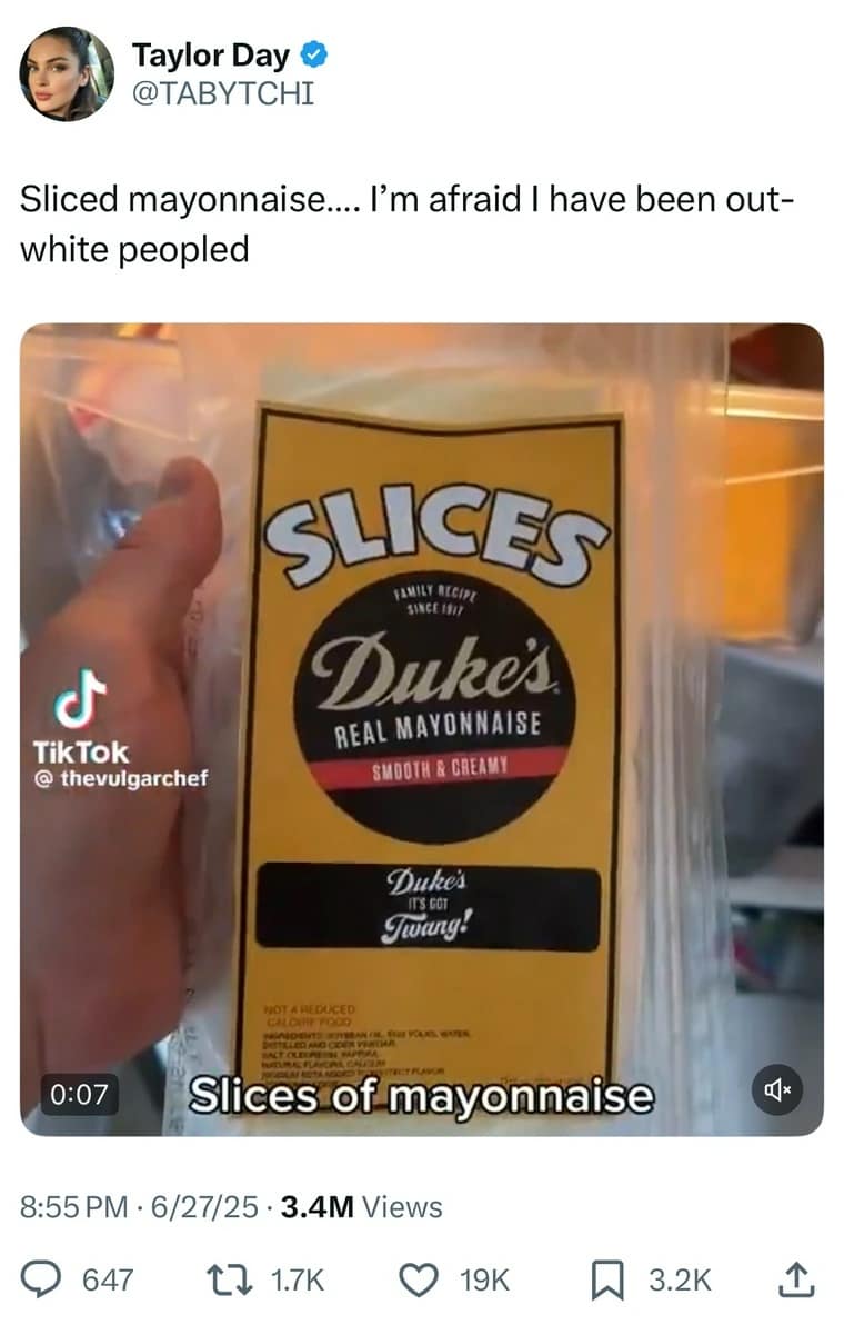 A package of Duke’s sliced mayonnaise with the caption about being “out-white peopled.”