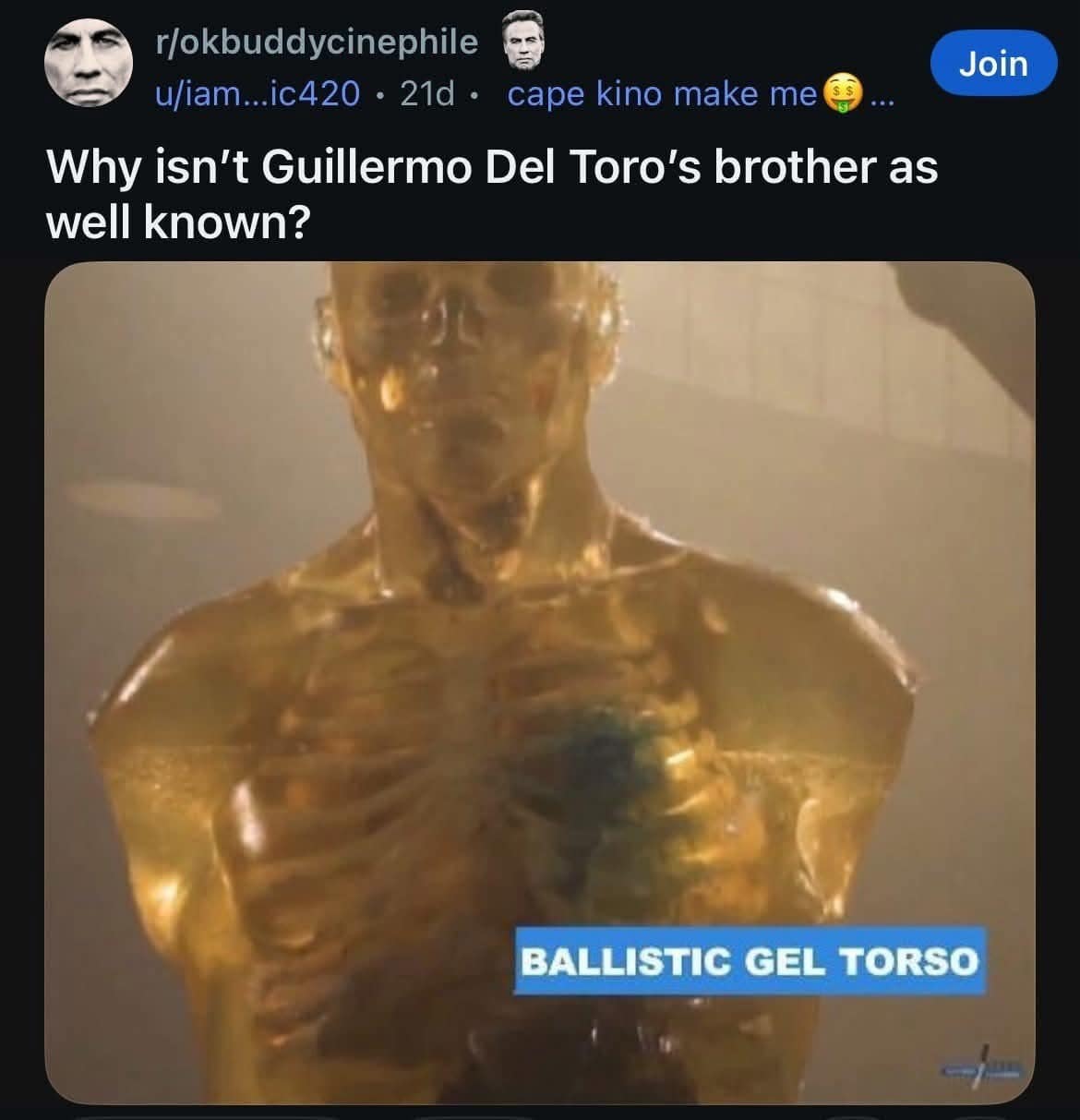 Ballistic gel dummy labeled as Guillermo Del Toro’s “brother” joke