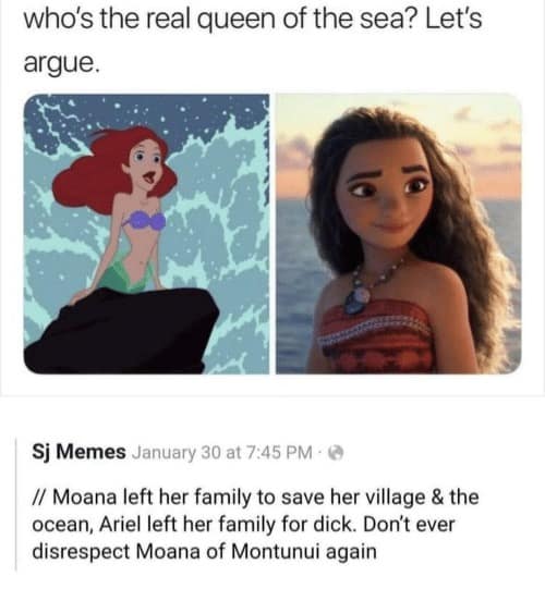 Moana vs Ariel meme arguing over who’s the real queen of the sea