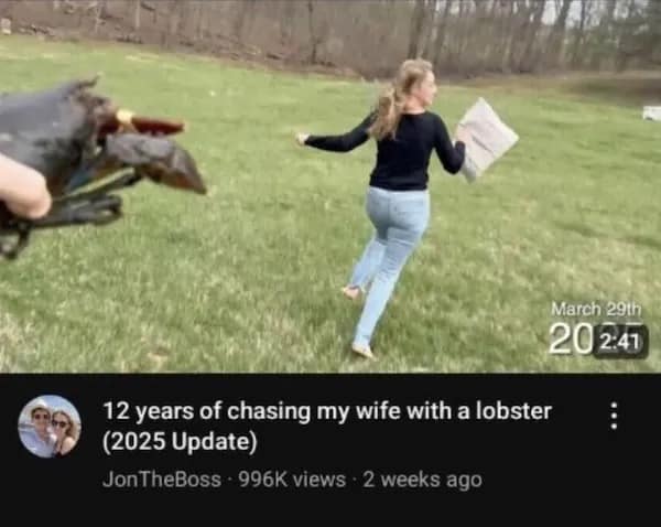Man chasing wife with lobster in viral YouTube thumbnail