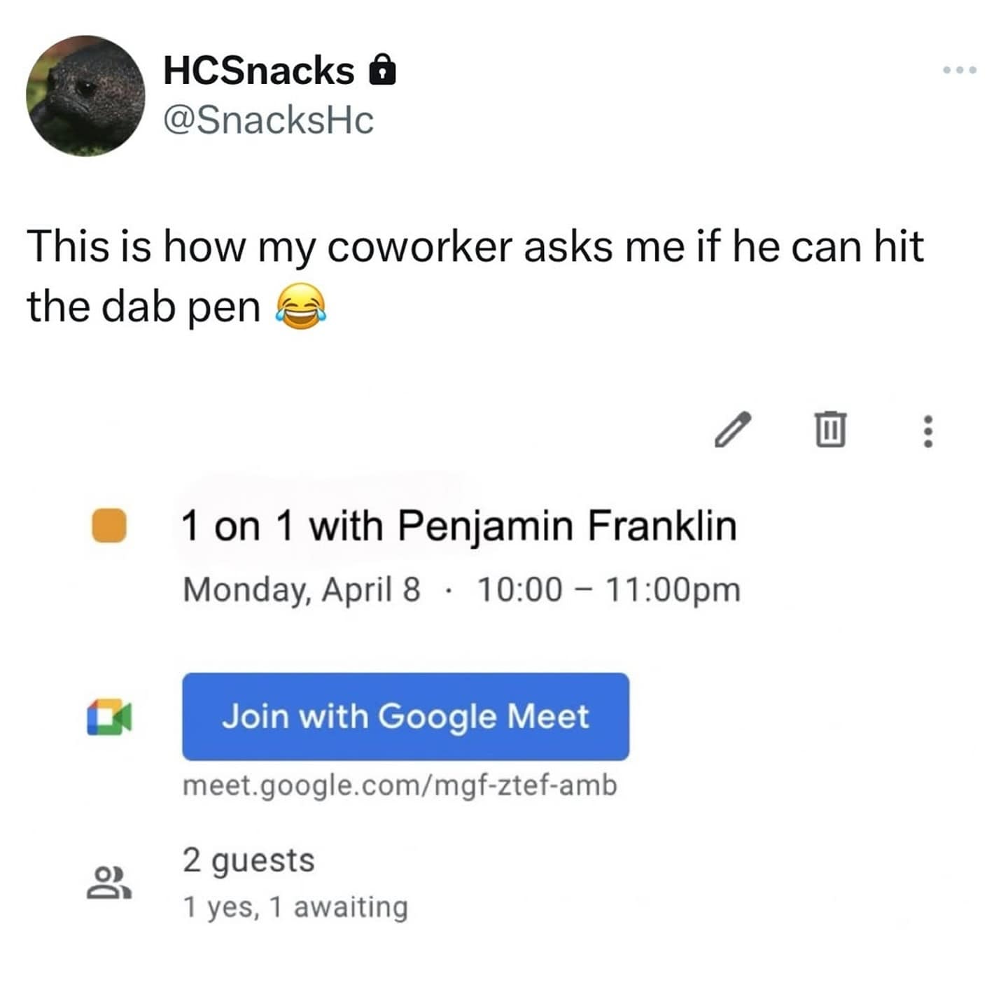 Screenshot of a Google Calendar invite titled “1 on 1 with Penjamin Franklin.”
