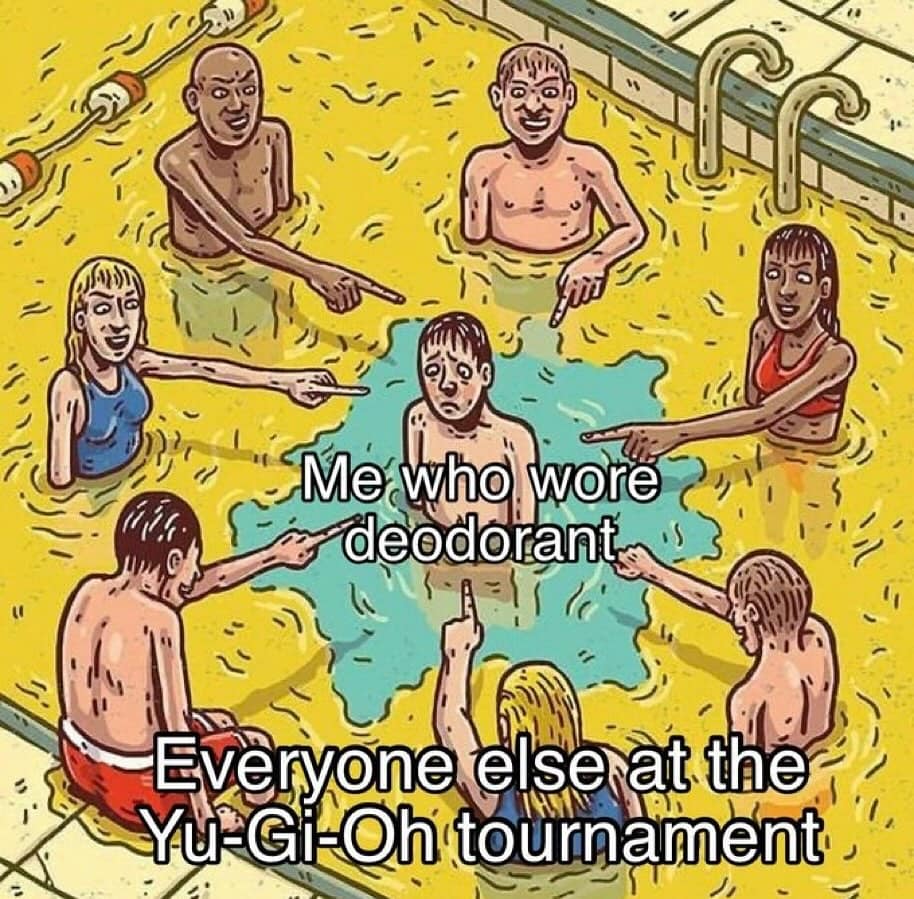 Cartoon pool scene with one clean person singled out by others labeled “Yu-Gi-Oh tournament.”