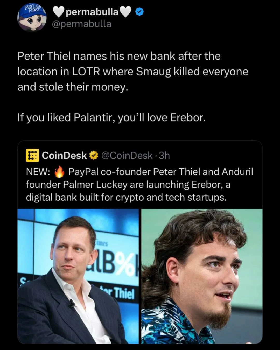 Peter Thiel names his new bank after the location in LOTR where Smaug killed everyone and stole their money. If you liked Palantir, you'll love Erebor.
