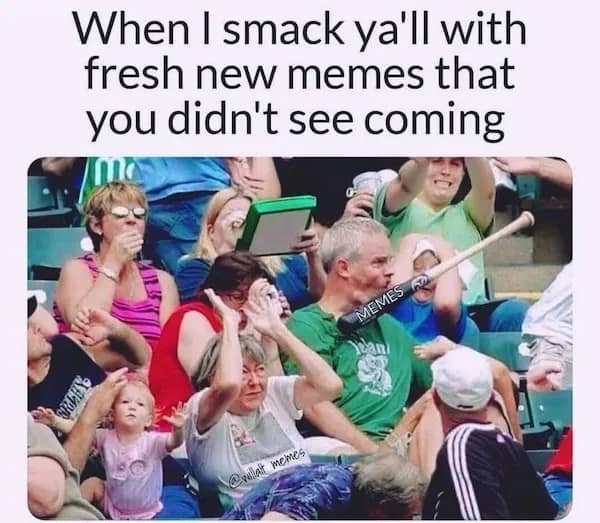 Baseball bat about to hit fan’s face labeled as “memes”