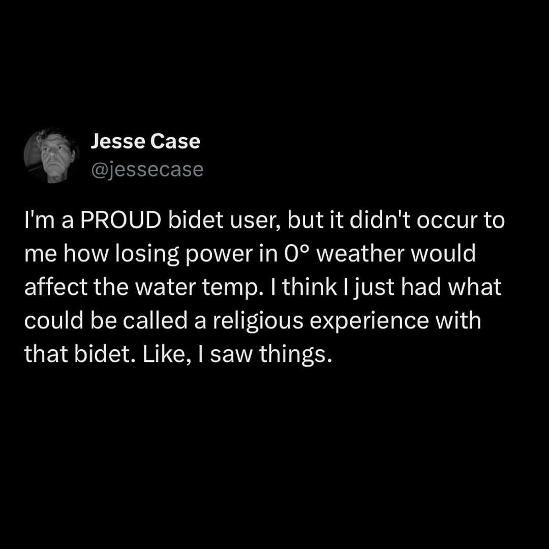 I'm a PROUD bidet user, but it didn't occur to me how losing power in 0° weather would affect the water temp. I think I just had what could be called a religious experience with that bidet. Like, I saw things.