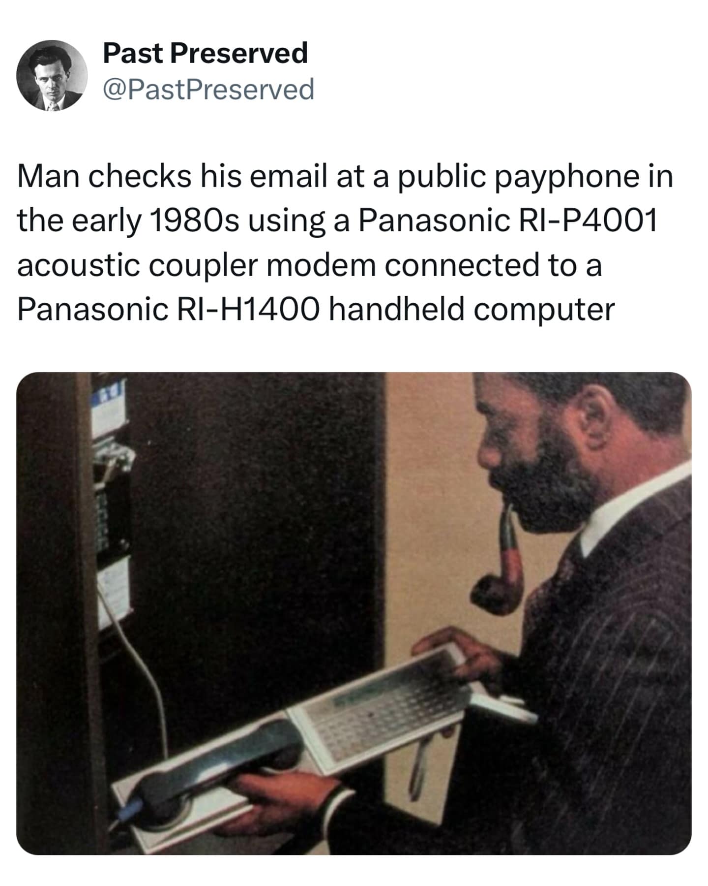Man checks his email at a public payphone in the early 1980s using a Panasonic RI-P4001 acoustic coupler modem connected to a Panasonic RI-H1400 handheld computer