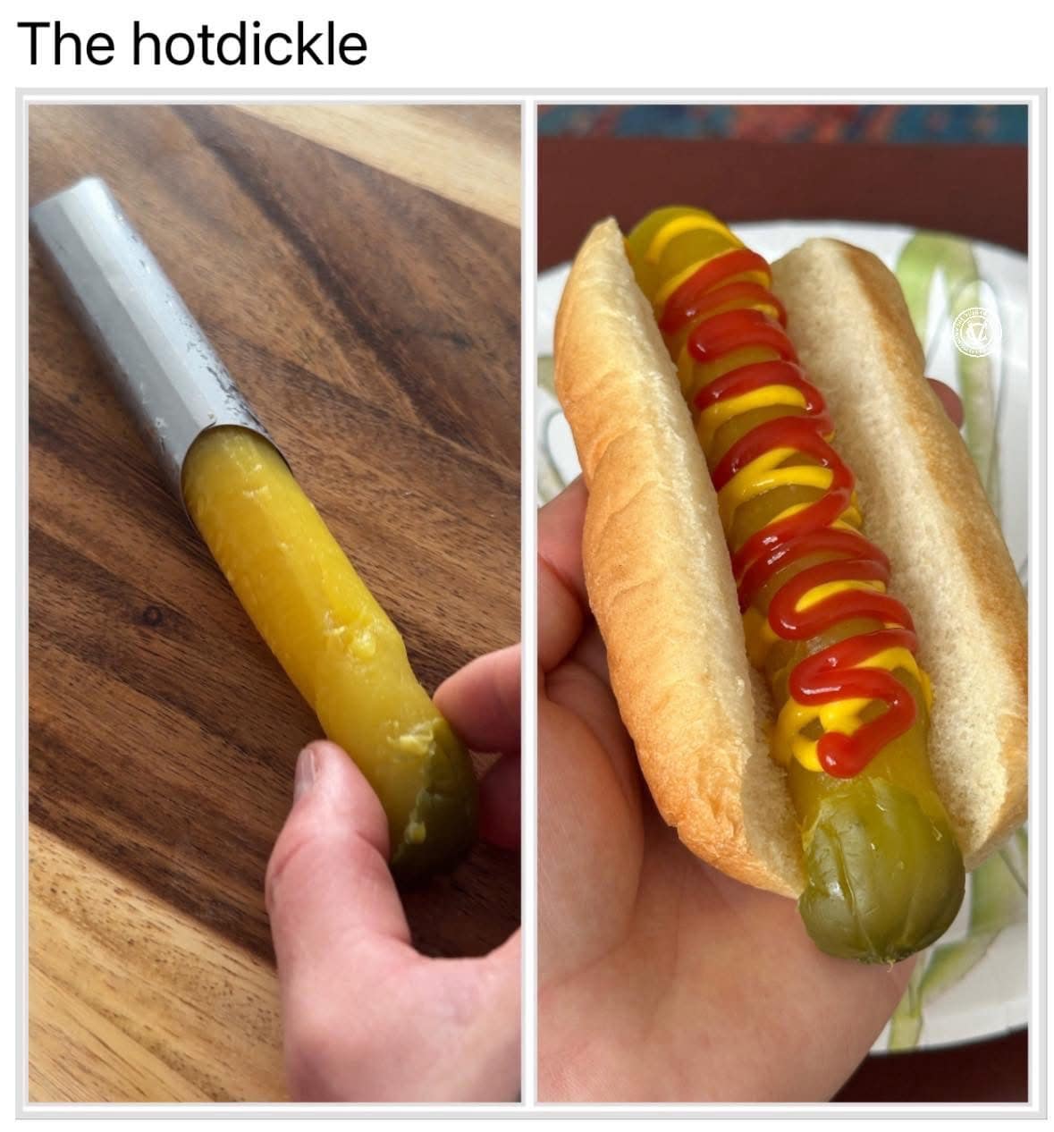 Pickle stuffed with hot dog shown in a bun with ketchup and mustard