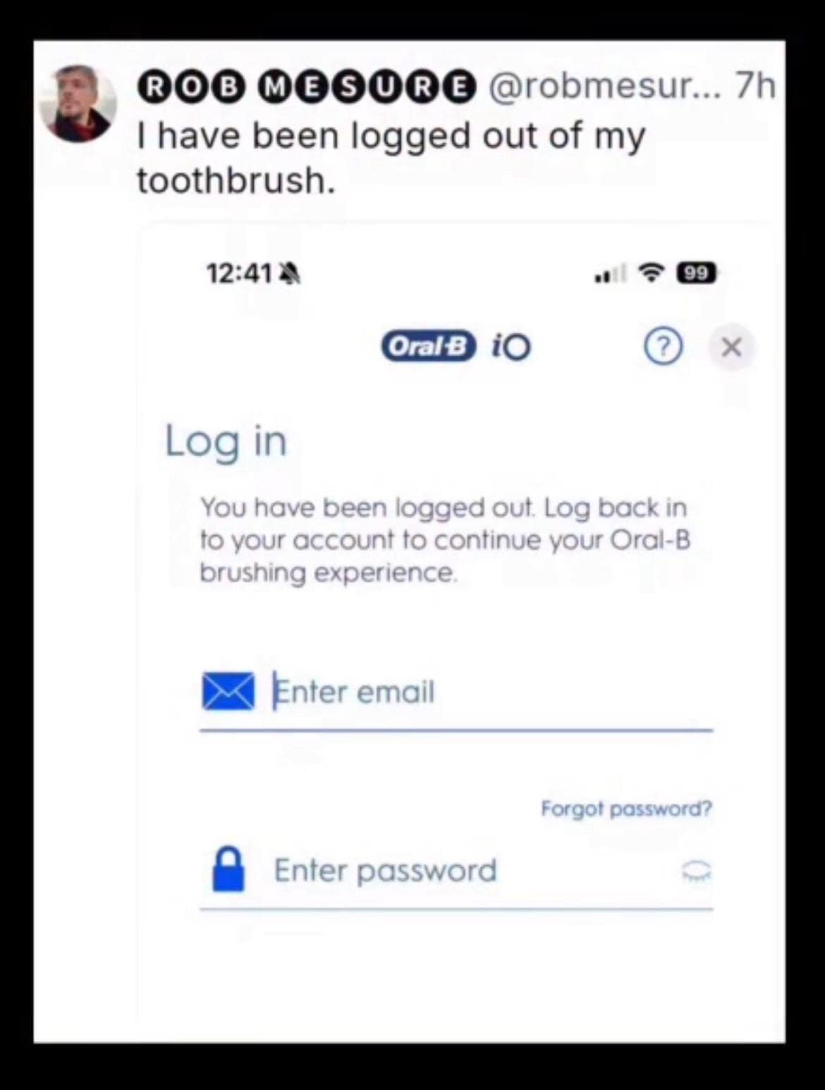 Smartphone screenshot of being logged out of an Oral-B toothbrush app.