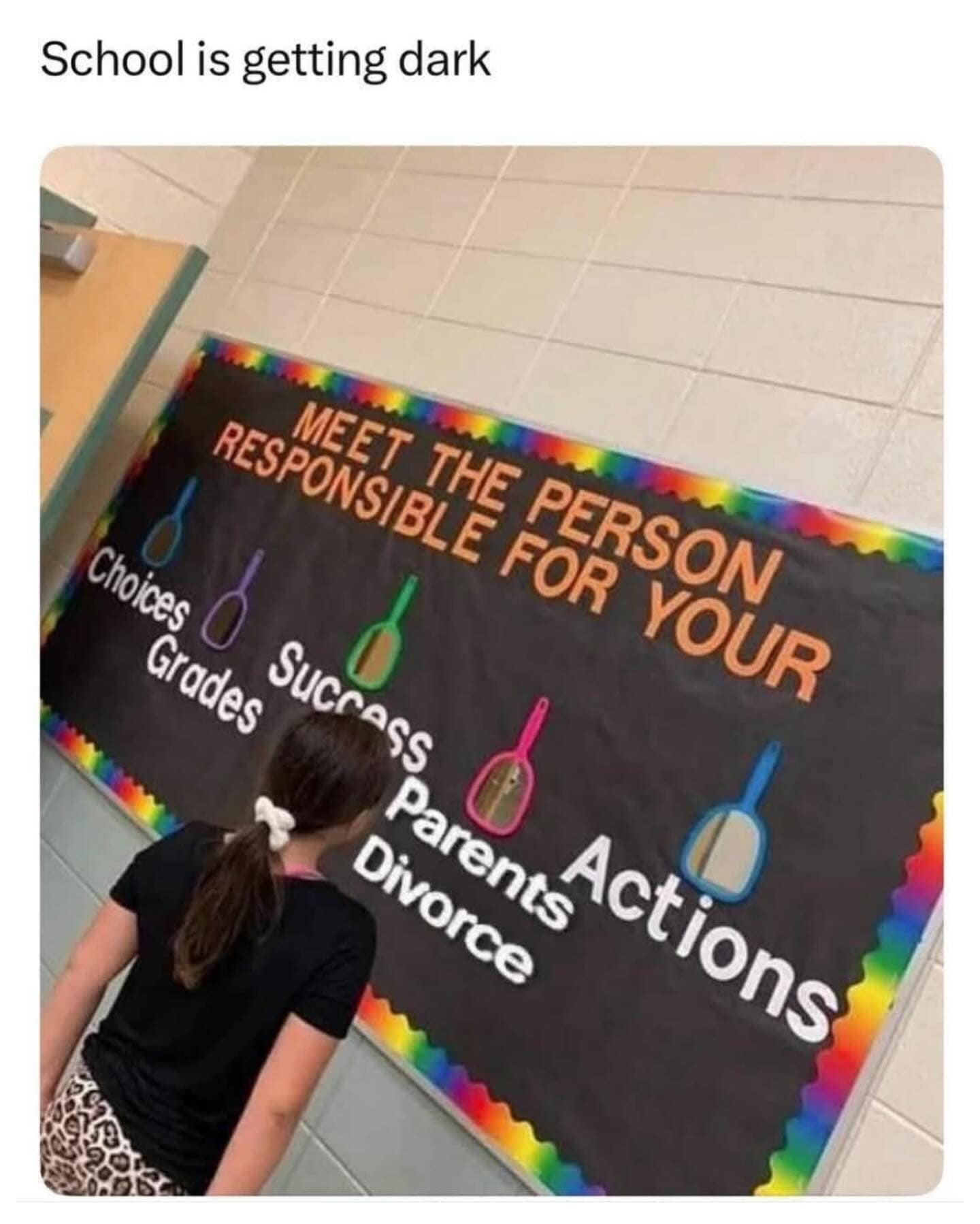 School is getting dark MEET THE PERSON RESPONSIBLE FOR YOUR d Choices SuccAss Grades Parents Actions Divorce