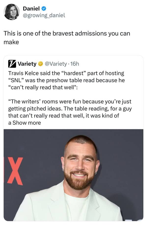 Travis Kelce said the "hardest" part of hosting "SNL" was the preshow table read because he "can't really read that well": "The writers' rooms were fun because you're just getting pitched ideas. The table reading, for a guy that can't really read that well, it was kind of a Show more