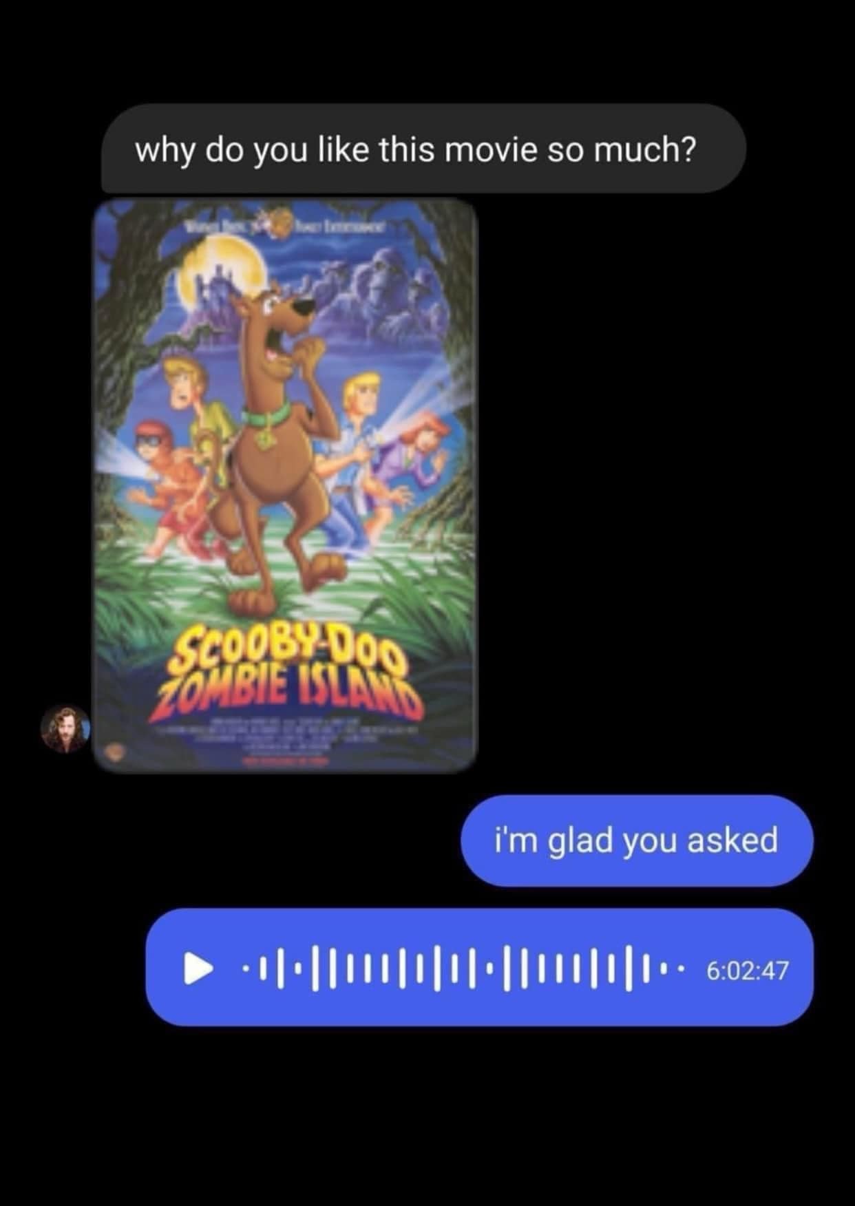 Scooby-Doo on Zombie Island poster with voice note reply in message screenshot
