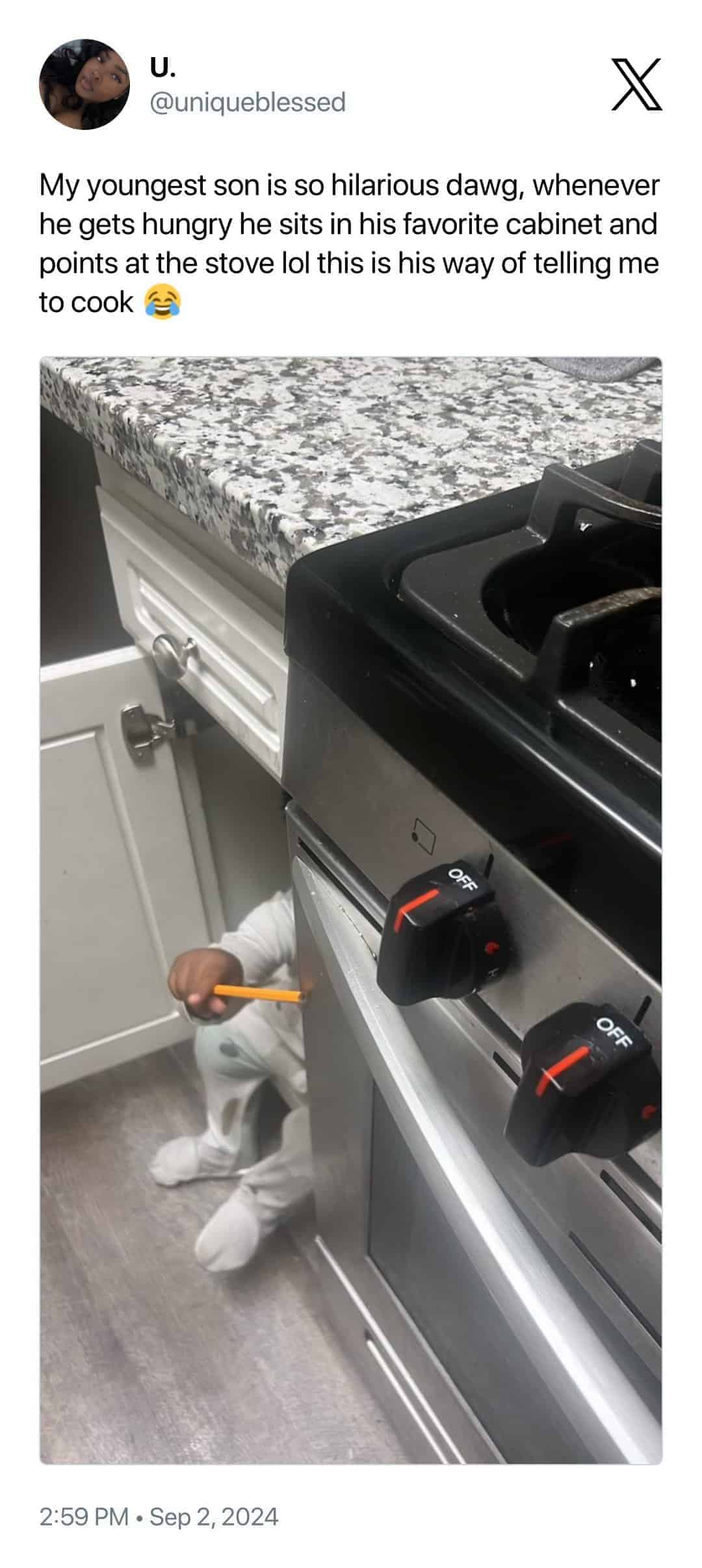 My youngest son is so hilarious dawg, whenever he gets hungry he sits in his favorite cabinet and points at the stove lol this is his way of telling me to cook