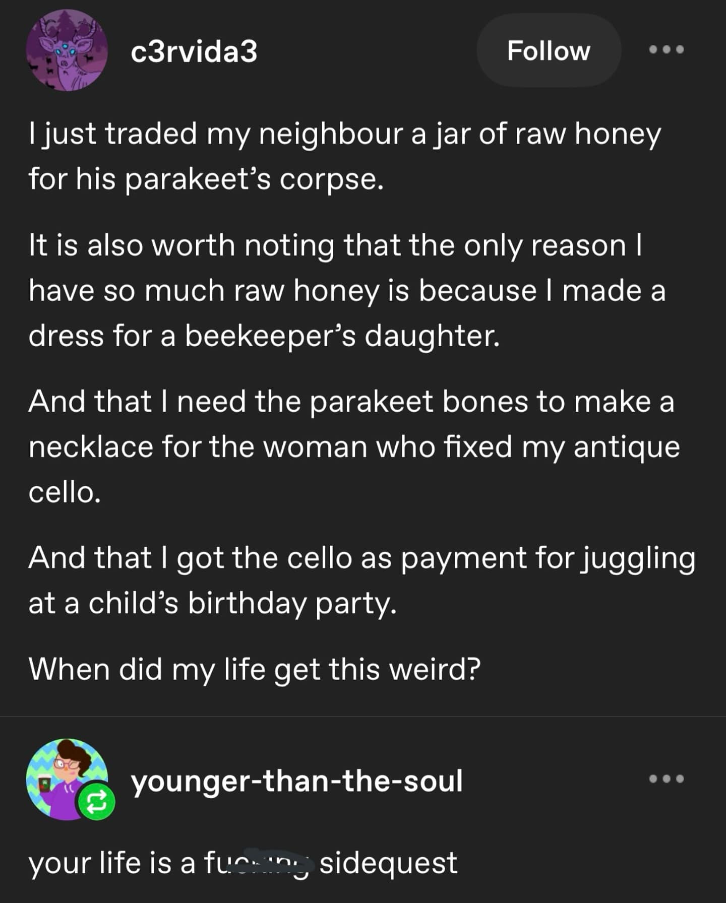 I just traded my neighbour a jar of raw honey for his parakeet's corpse. It is also worth noting that the only reason I have so much raw honey is because I made a dress for a beekeeper's daughter. And that I need the parakeet bones to make a necklace for the woman who fixed my antique cello. And that I got the cello as payment for juggling at a child's birthday party. When did my life get this weird?