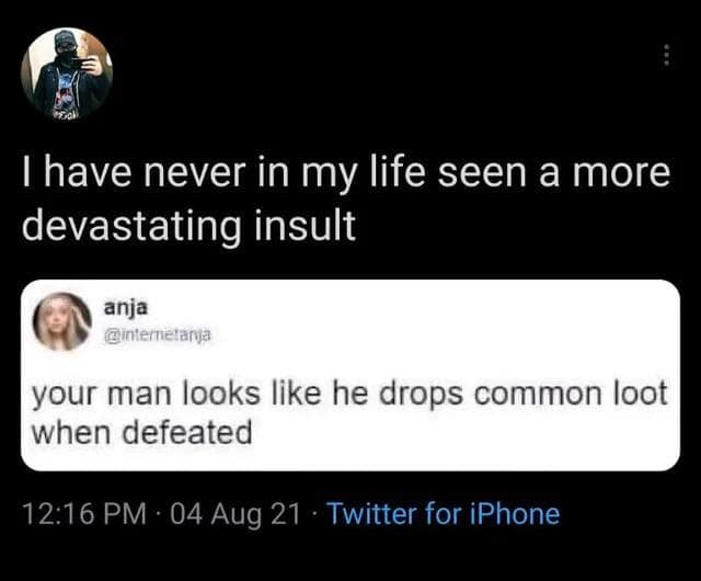 I have never in my life seen a more devastating insult anja @intemetanja your man looks like he drops common loot when defeated