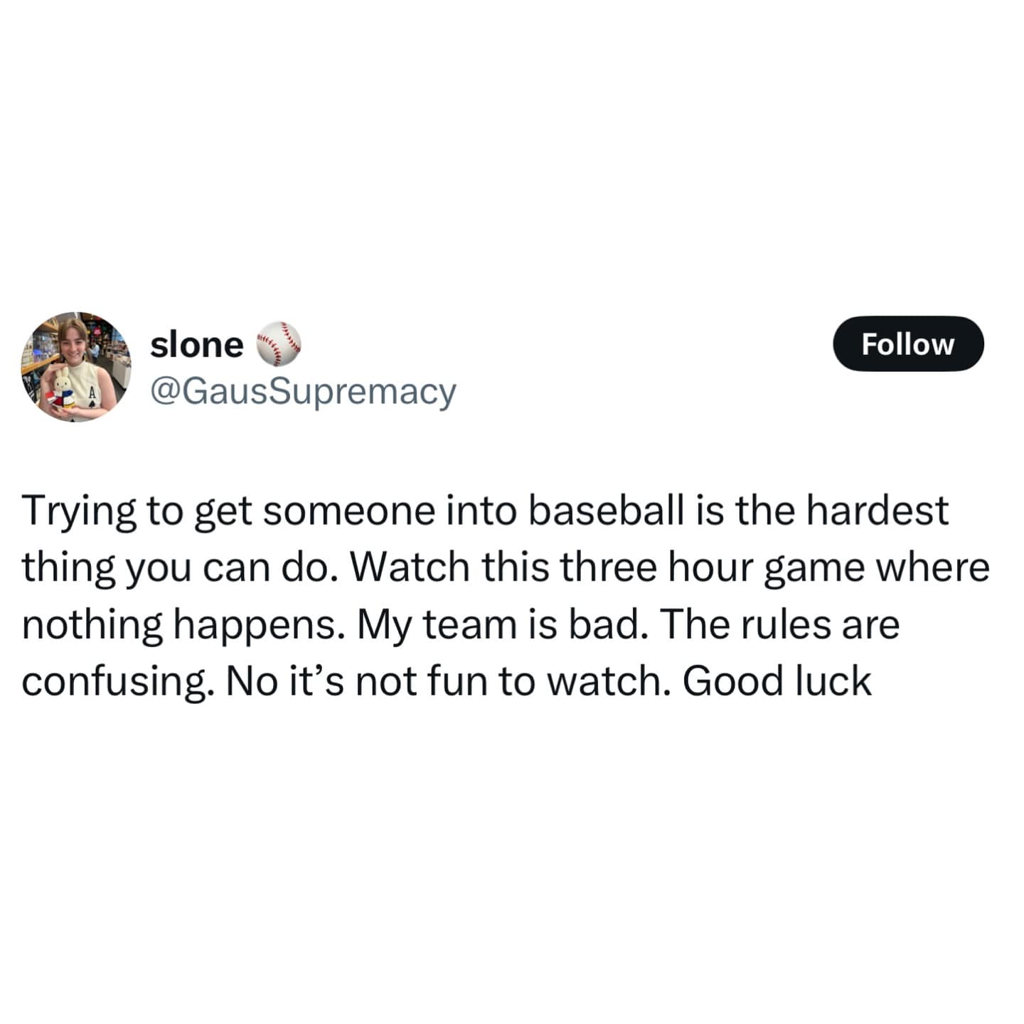 Baseball is hard to enjoy sarcastic tweet