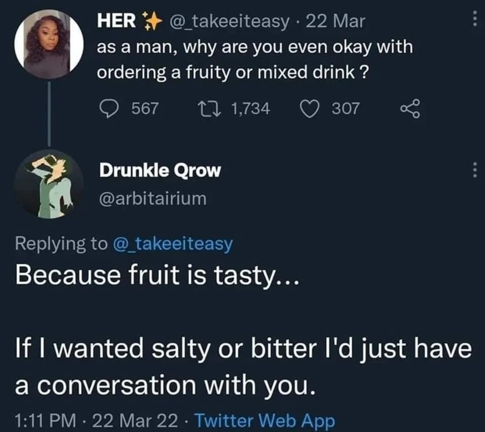 Funny Twitter exchange about fruity drinks and sass.