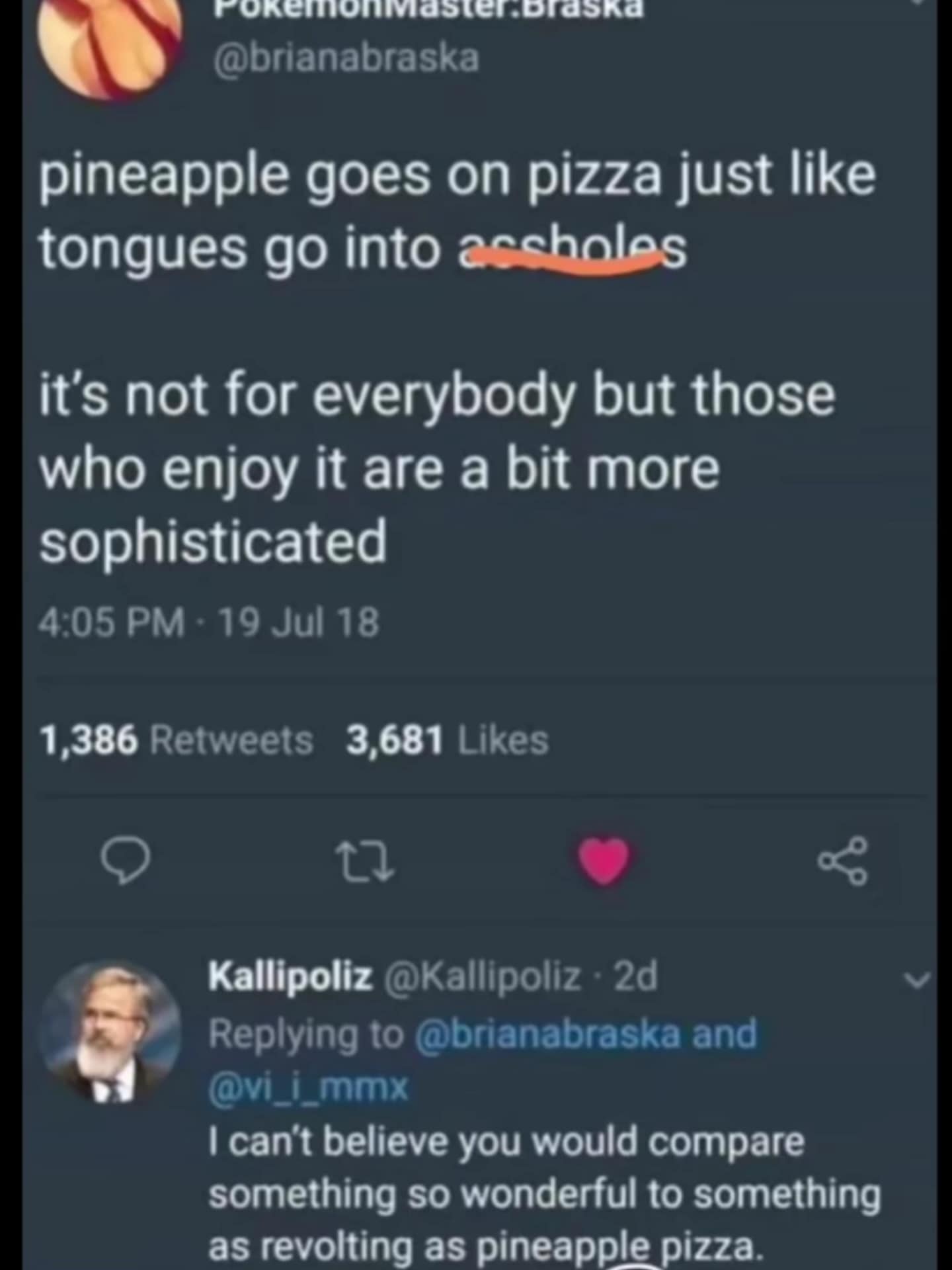 Tweet about pineapple pizza compared to bold tastes.