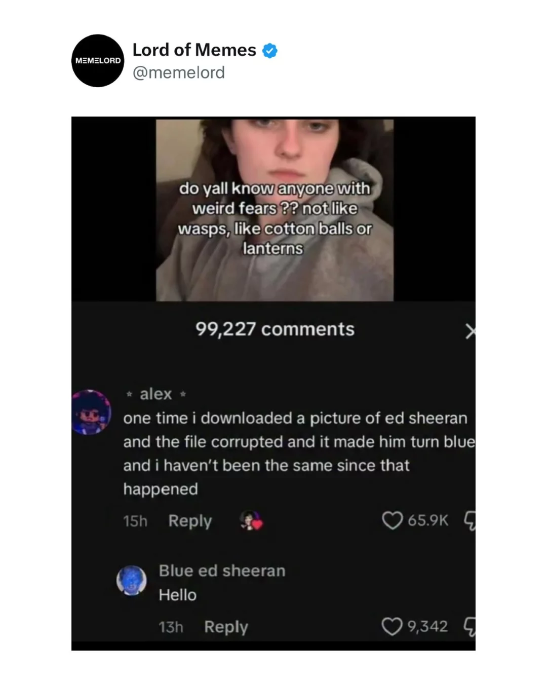 Comment thread about corrupted Ed Sheeran image turning him blue