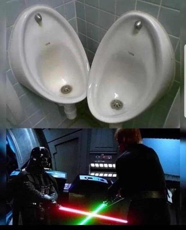 Urinals compared to Star Wars lightsaber duel