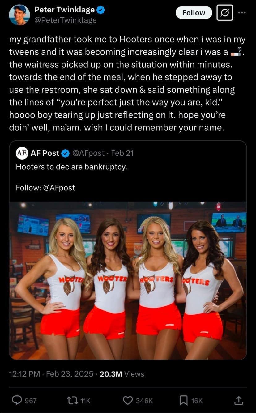 Tweet about heartwarming Hooters waitress interaction
