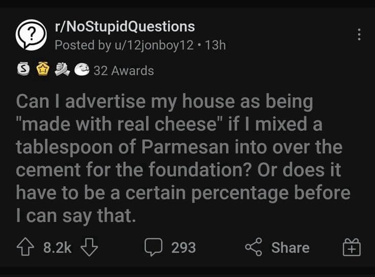 Reddit post asking if cheese in cement qualifies as cheese house