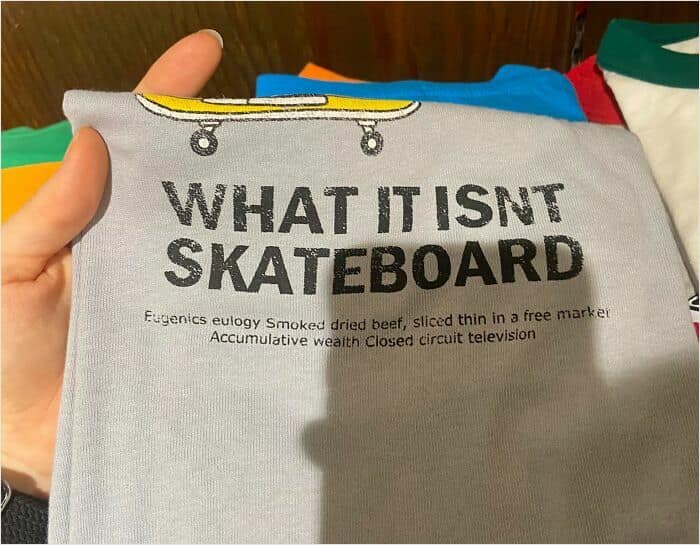 Strange English text on Japanese skateboard shirt