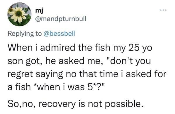 When i admired the fish my 25 yo son got, he asked me, "don't you regret saying no that time i asked for a fish *when i was 5*?" So,no, recovery is not possible.