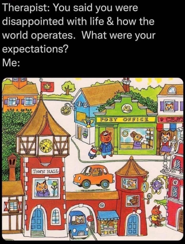 Therapist: You said you were disappointed with life & how the world operates. What were your expectations? Me: