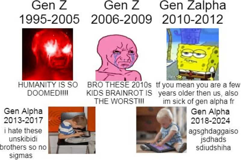 Gen Z 1995-2005 HUMANITY IS SO DOOMED!!!! Gen Alpha 2013-2017 i hate these unskibidi brothers so no sigmas Gen Z 2006-2009 Gen Zalpha 2010-2012