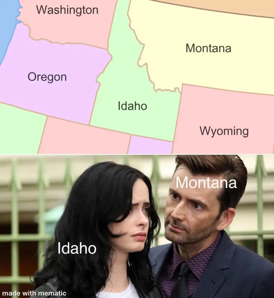 Map of northwestern US states with Idaho and Montana labeled, referencing geography memes.