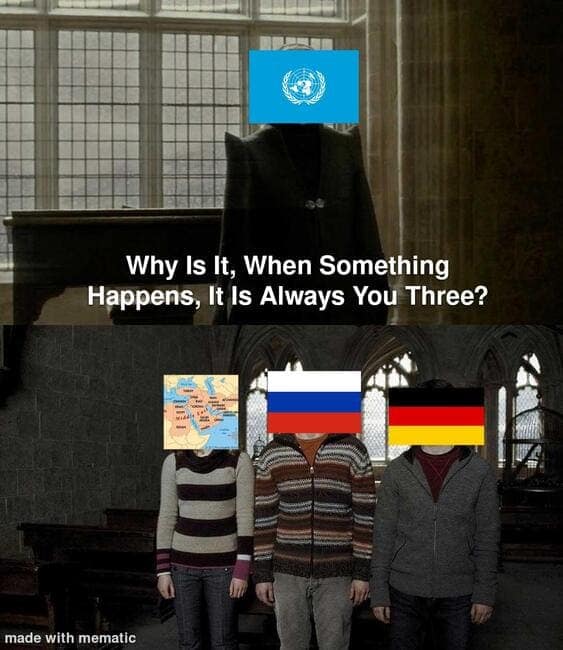 Geography meme featuring the United Nations, Russia, Germany, and a world map in a Harry Potter reference.