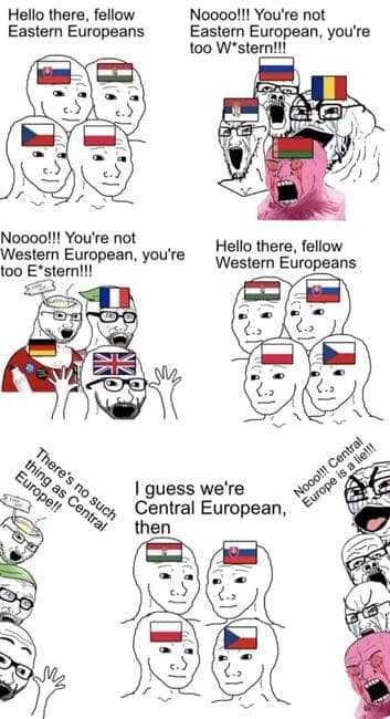 Comic-style geography meme about Eastern, Western, and Central Europe debates.