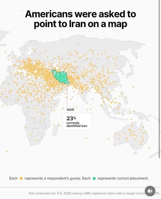 Map with poll results showing Americans trying to locate Iran, part of a viral geography meme.