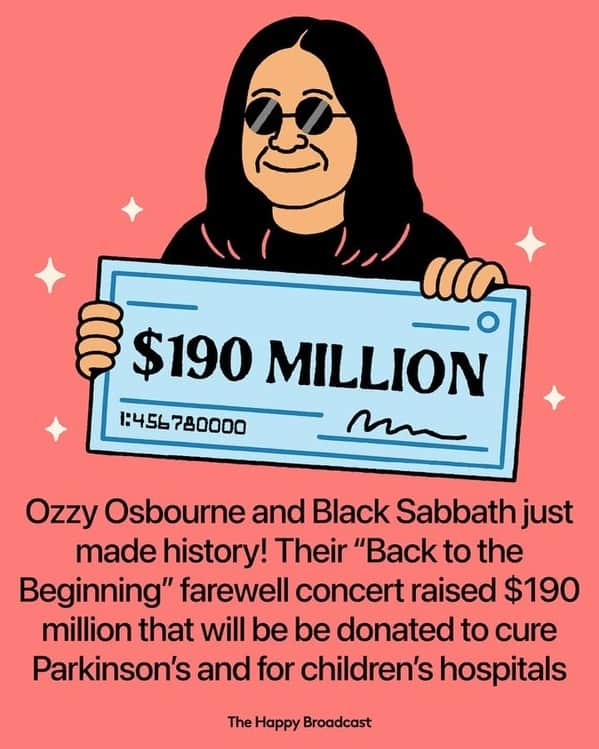 Illustration of Ozzy Osbourne holding a $190 million donation check for Parkinson's and children's hospitals.
