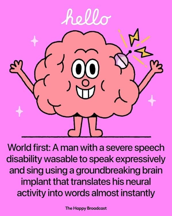 Cartoon brain with implant and text about a man regaining speech through new brain tech.