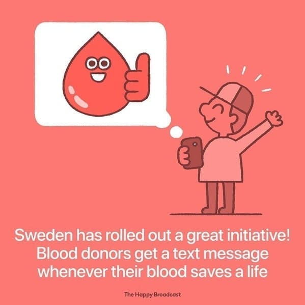 Cartoon blood drop giving thumbs up with text about Sweden’s blood donor notification system.